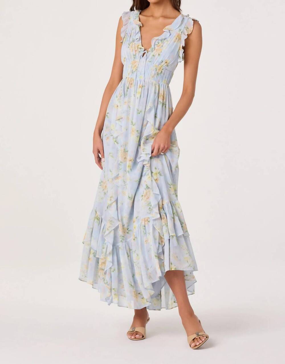 NEW ASTR kindra ruffle deep-v maxi dress in light blue floral